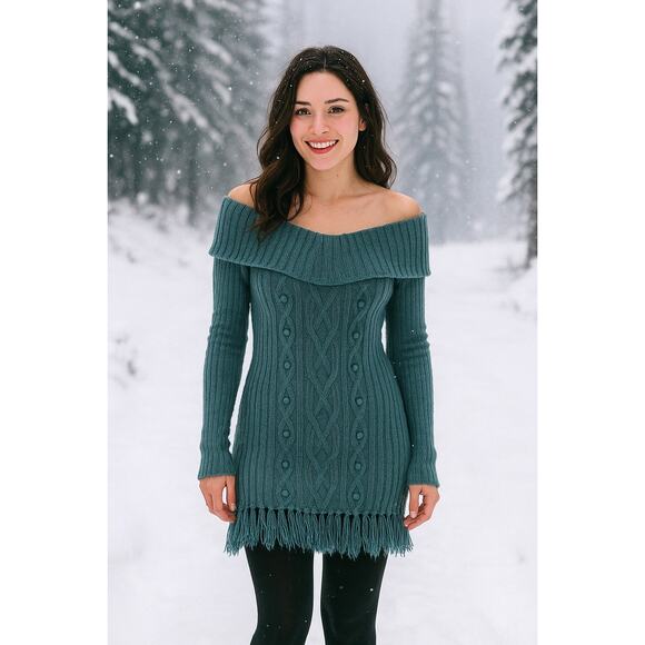 Sundance Alpaca Blend Off Shoulder Fringe Hem Pullover Knit Sweater Teal Large - Picture 1 of 6
